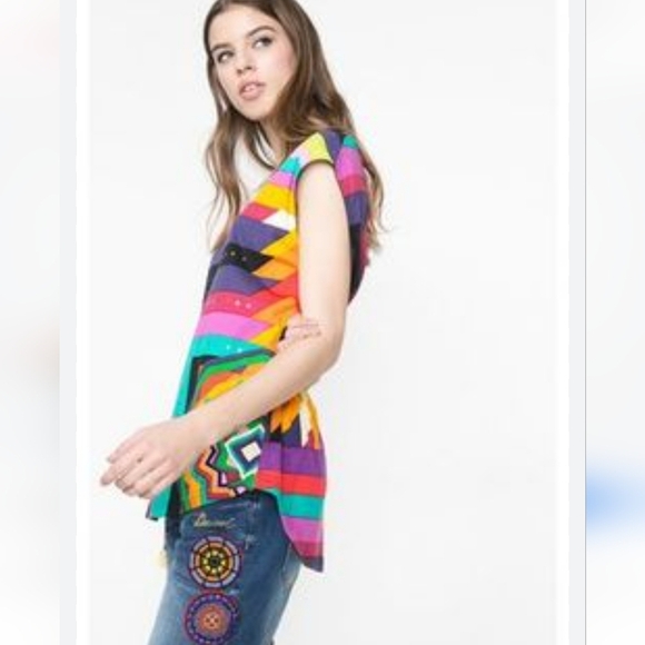 Desigual Unique Art To Wear Sleeveless Studded Tank Top Blouse Med Colorful - Picture 1 of 5